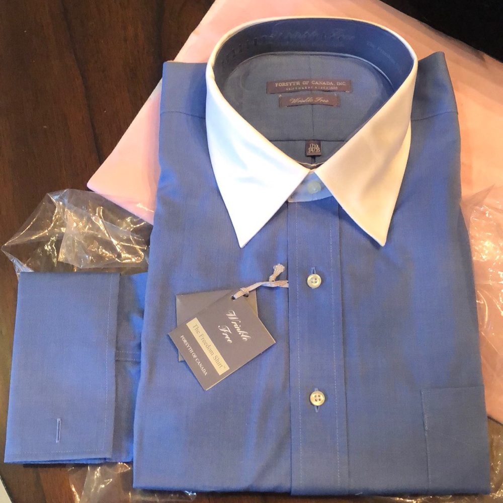 Forsyth of Canada wrinkle free white color blue button down cuff sleeves shirt